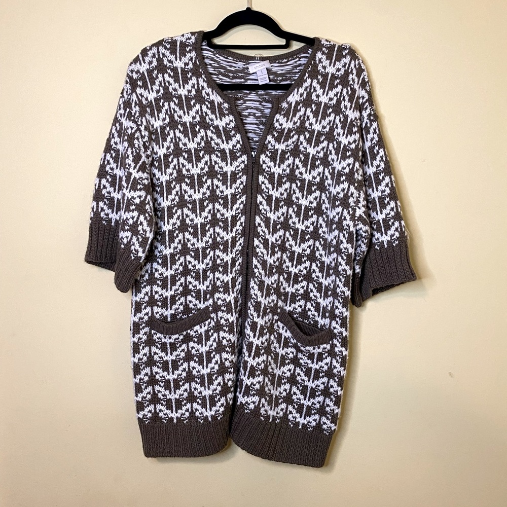 Chico’s Brown White Zip Up Short Sleeve Cardigan Sweater Jacket Size 1/M